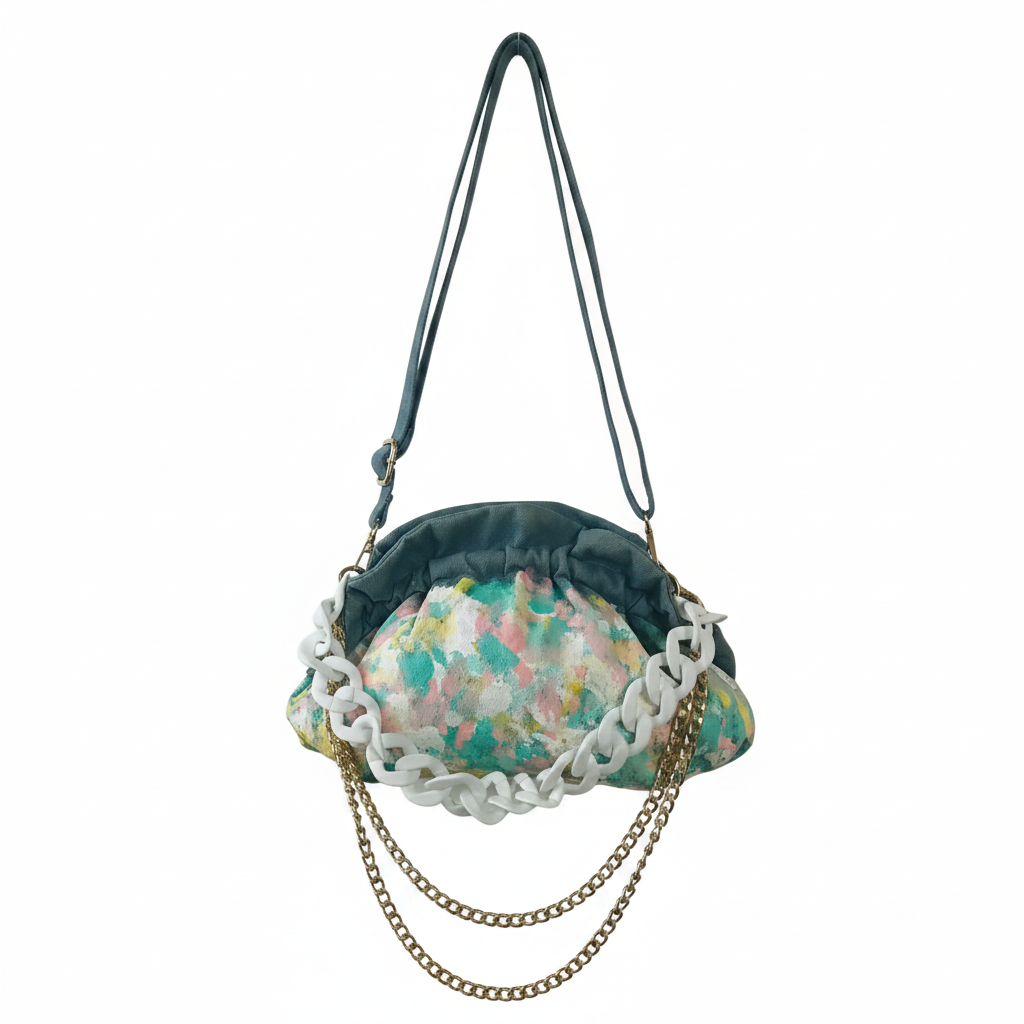 Hand-painted Denim Ruffle Crossbody Clutch